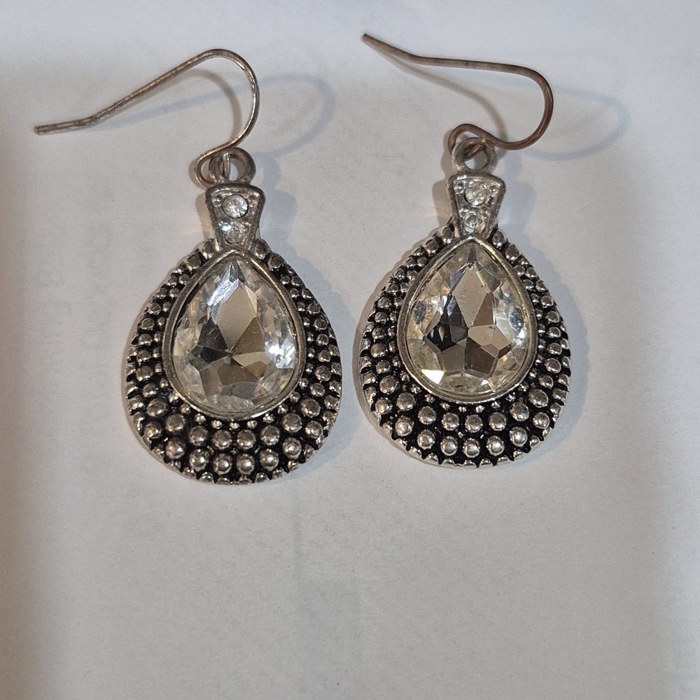 Silver Tone Teardrop Earrings Rhinestone Detail Paparazzi
